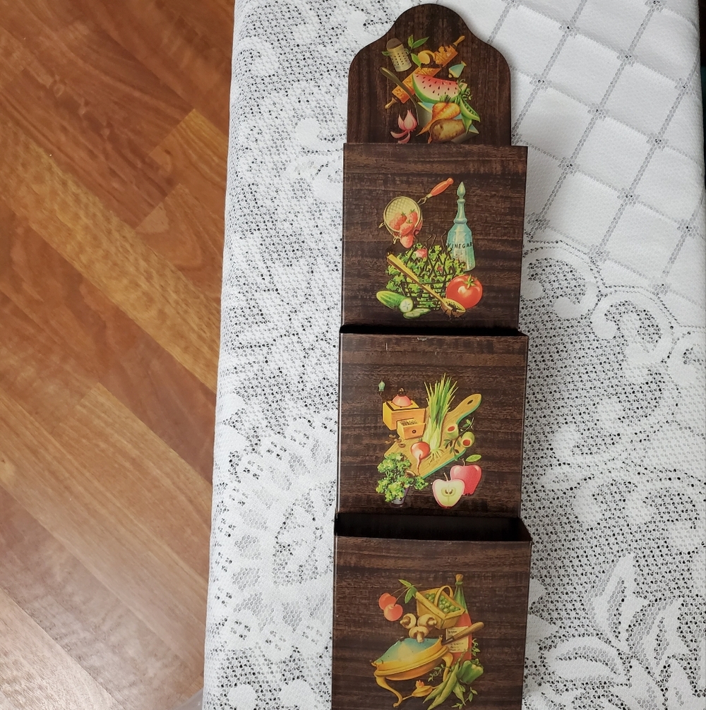 Vintage Brown Wall Organizer with Colorful Illustrations